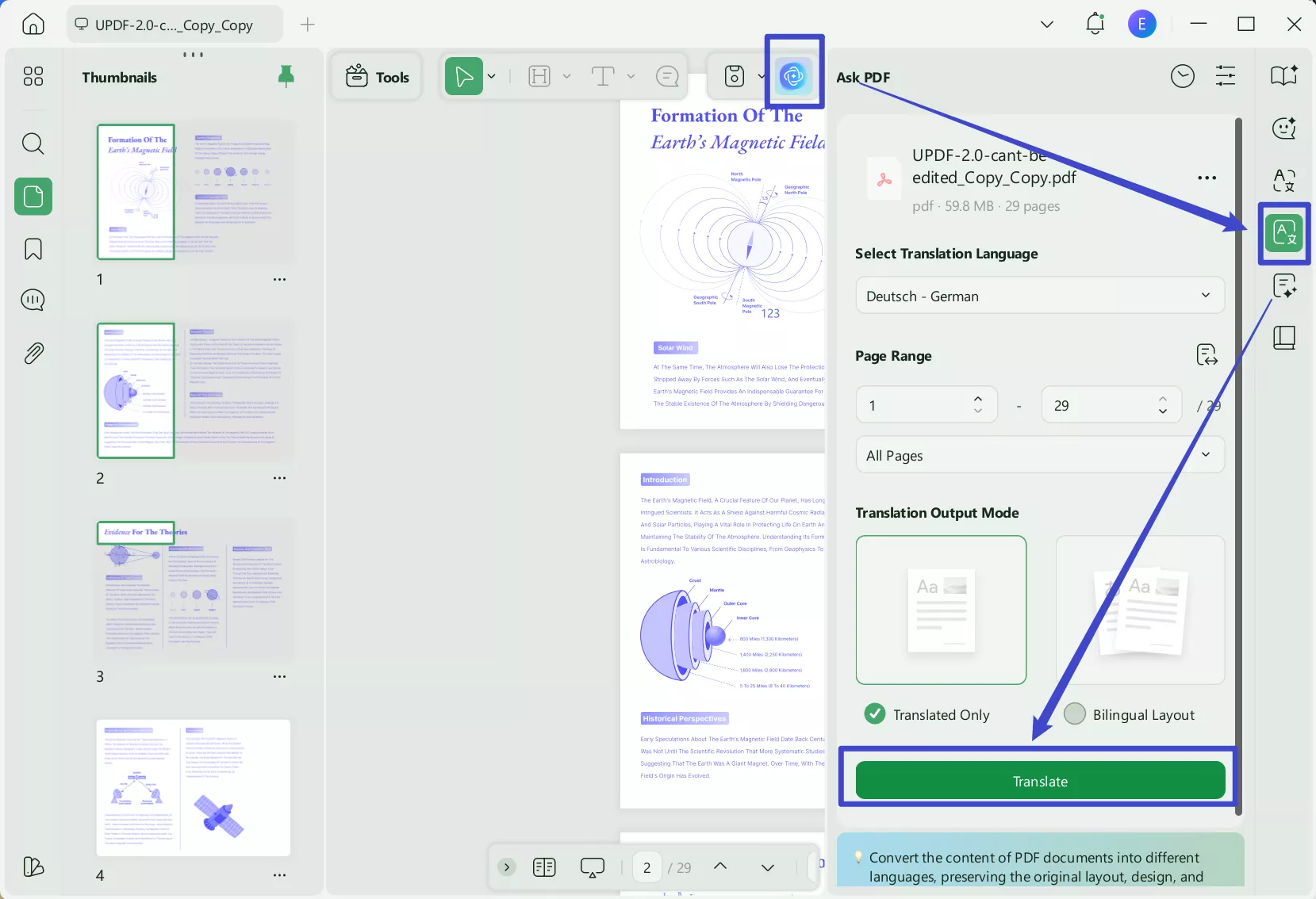 Translate the language by page with Bing Translate alternative - UPDF