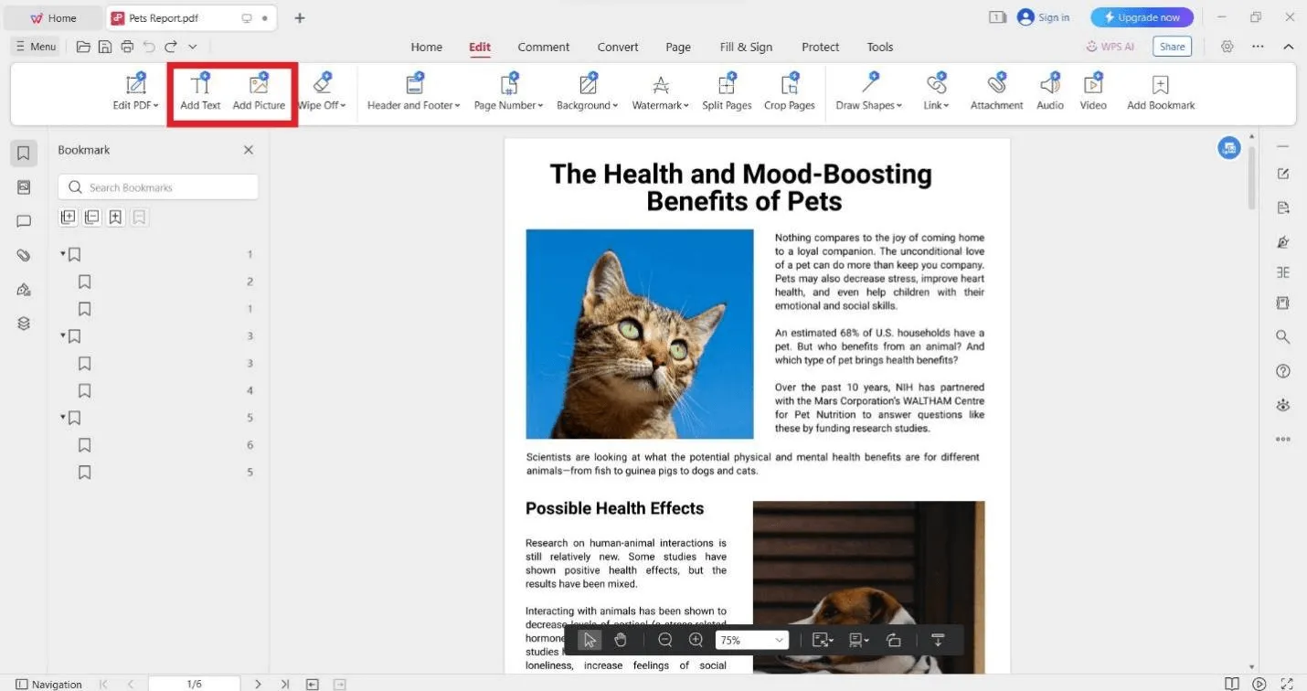 wps office edit pdf add new text