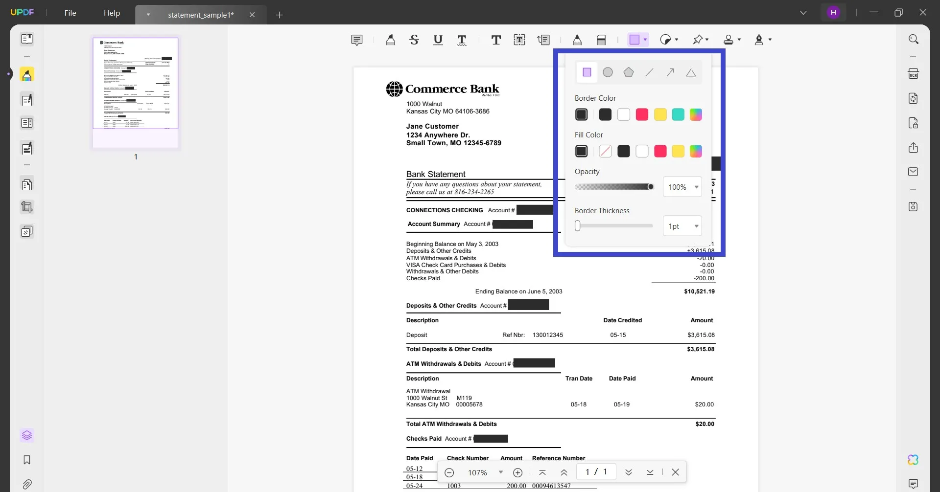 redact bank statement shape tool