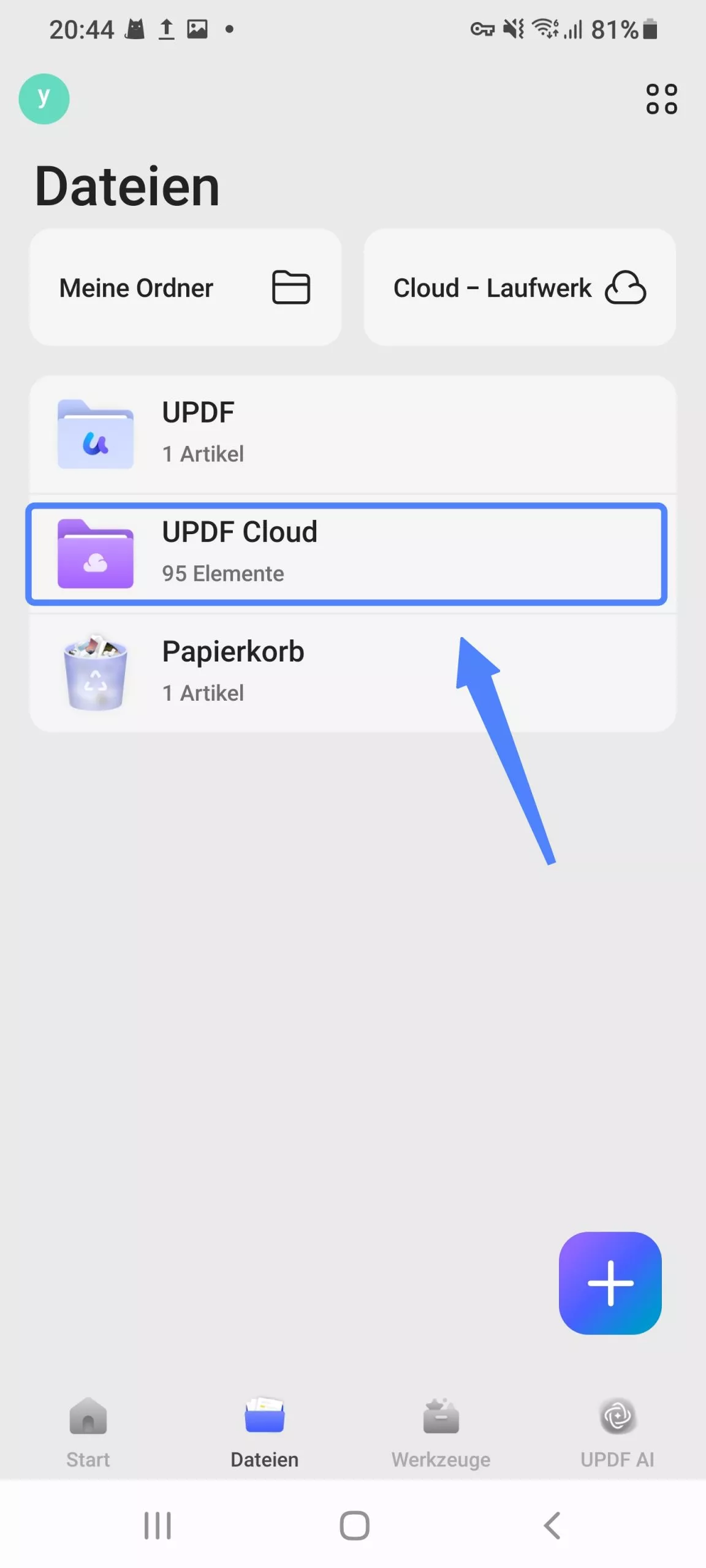 im Bereich „Dateien“ auf „UPDF Cloud“ tippen