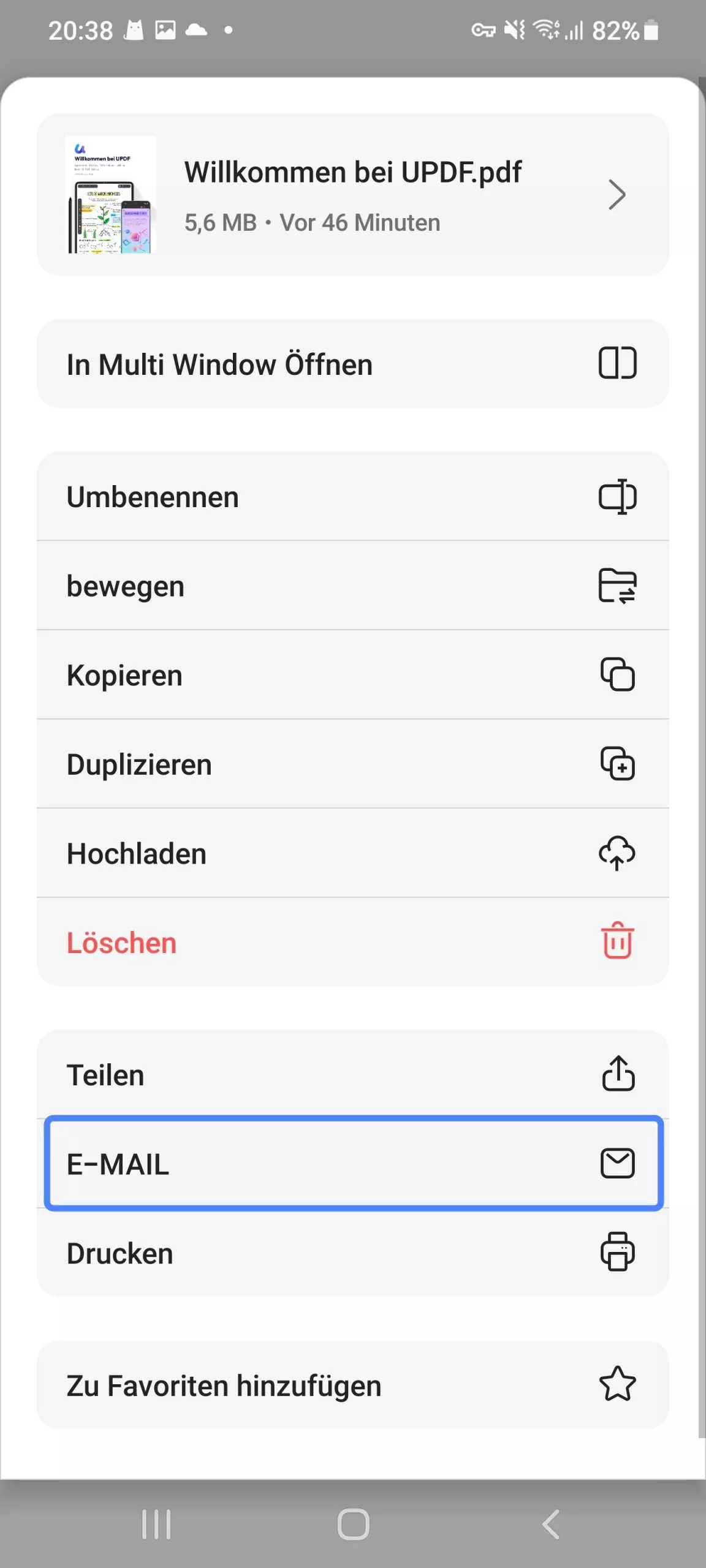 Tippen Sie auf das E-Mail-Symbol in UPDF Android.