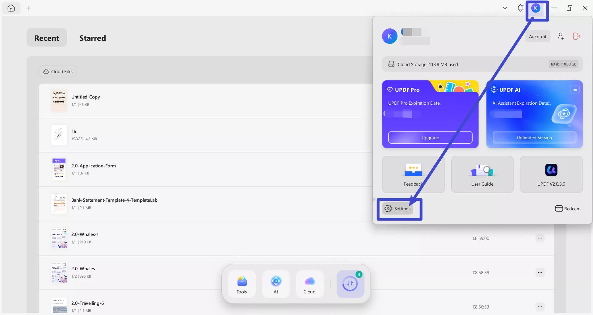 find settings in updf