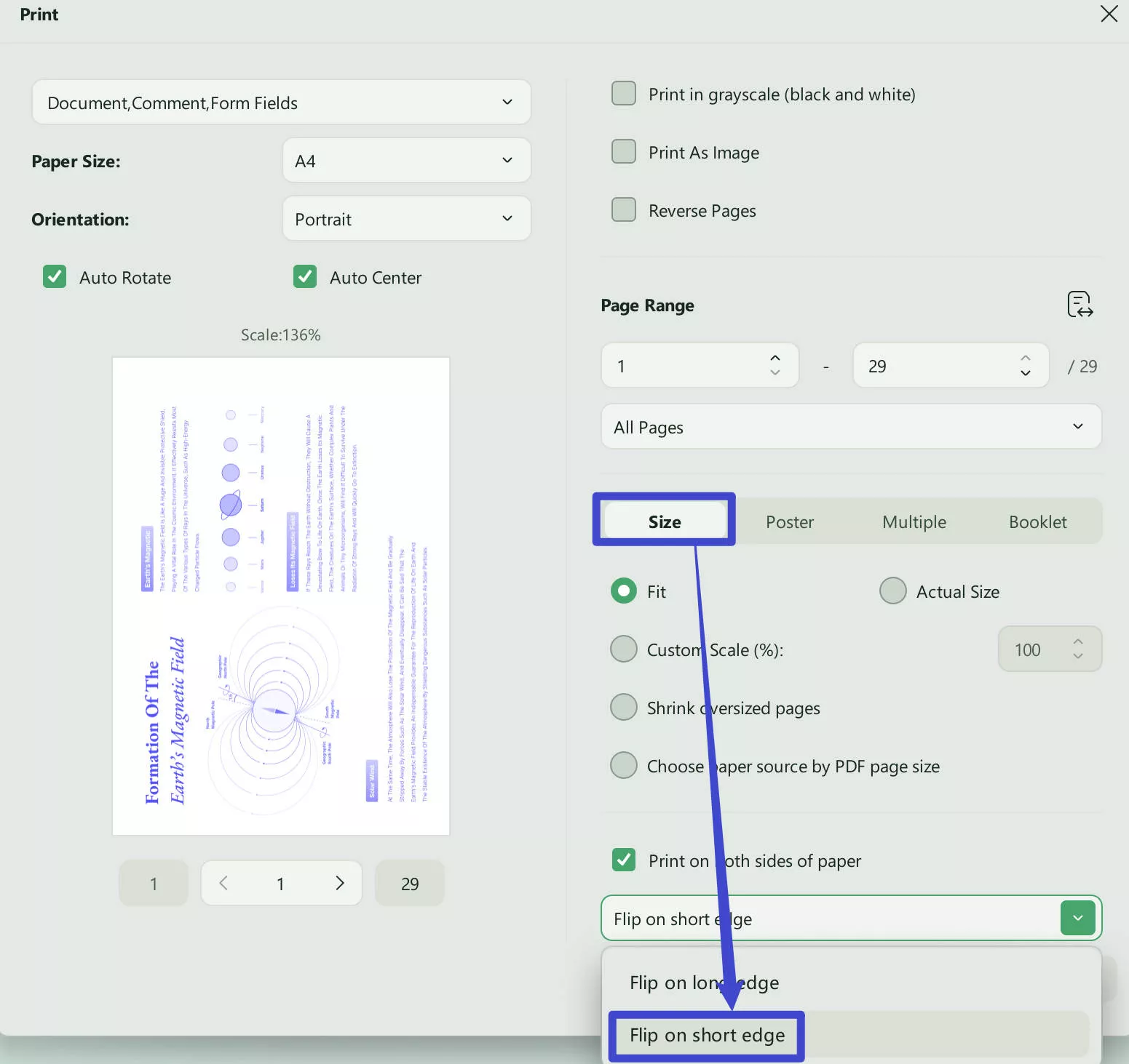 flip on short edge option in updf print