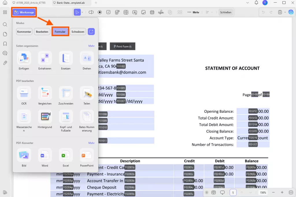 Modus „Formular“ öffnen