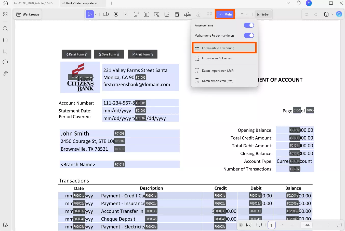 UPDF Formularfeld Erkennung