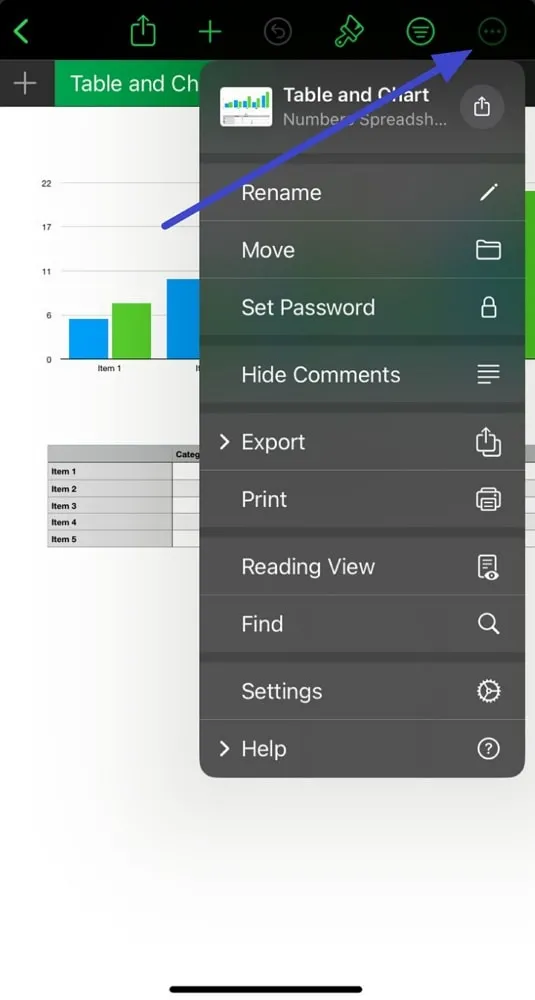 numbers to pdf tap the three dots