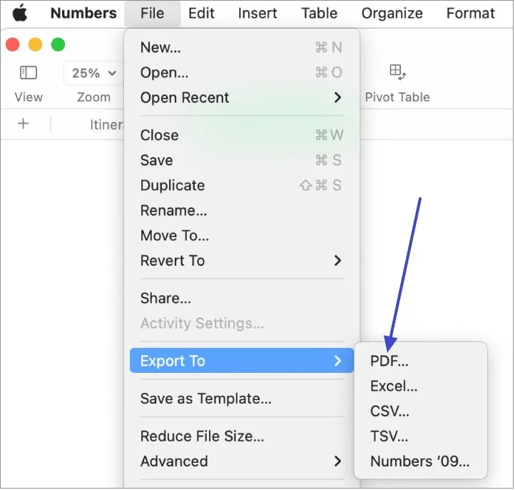 numbers to pdf choose the pdf format