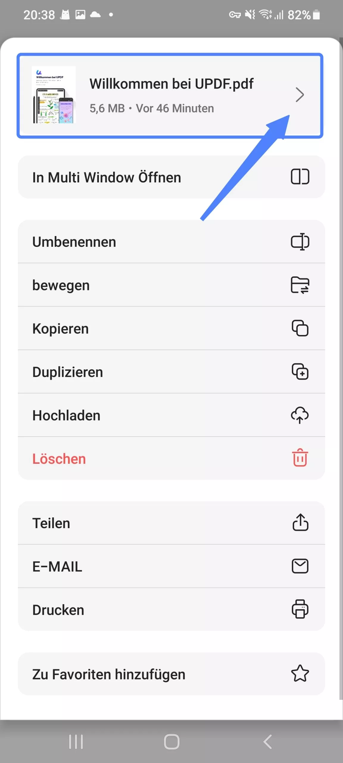 Überprüfen Sie die Informationen des PDF-Dokuments in updf android.