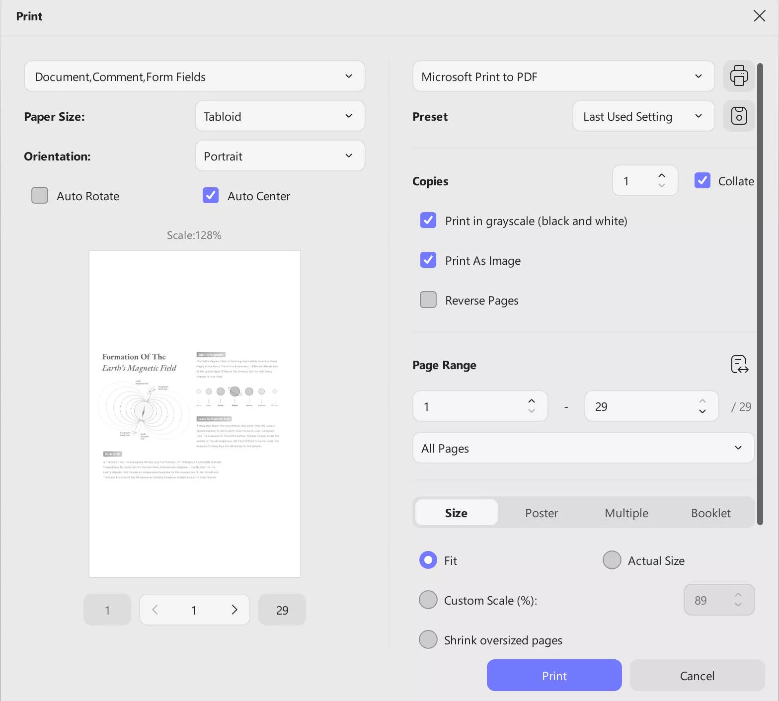 print pdf with page number print settings