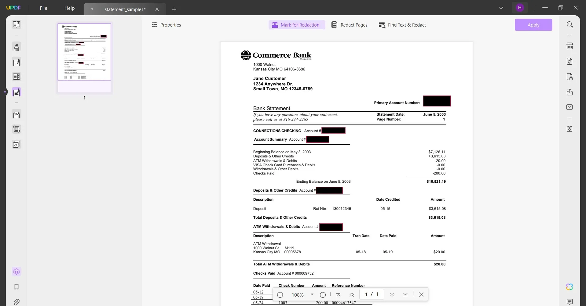 redact bank statement mark for redaction