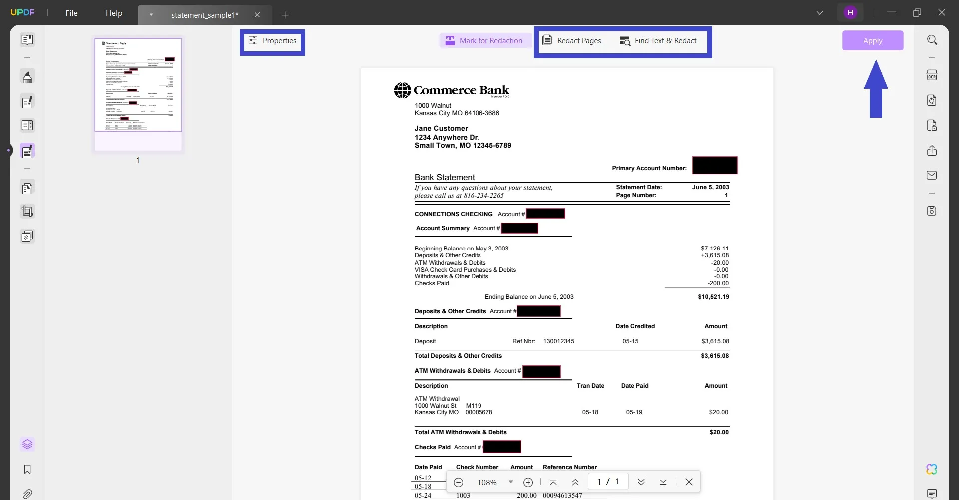 redact bank statement apply button