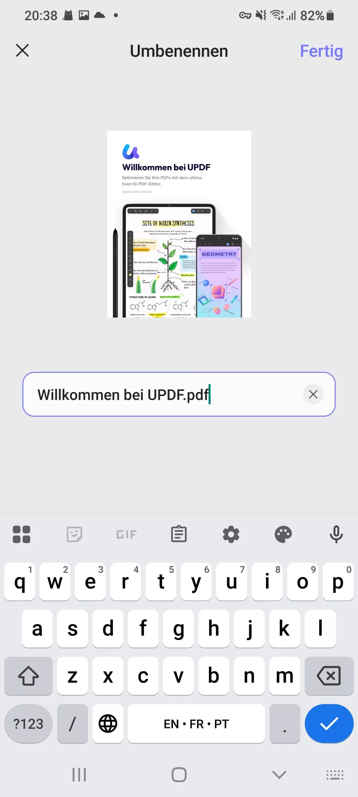 Bestätigen Sie die Namensänderung in UPDF auf Android.