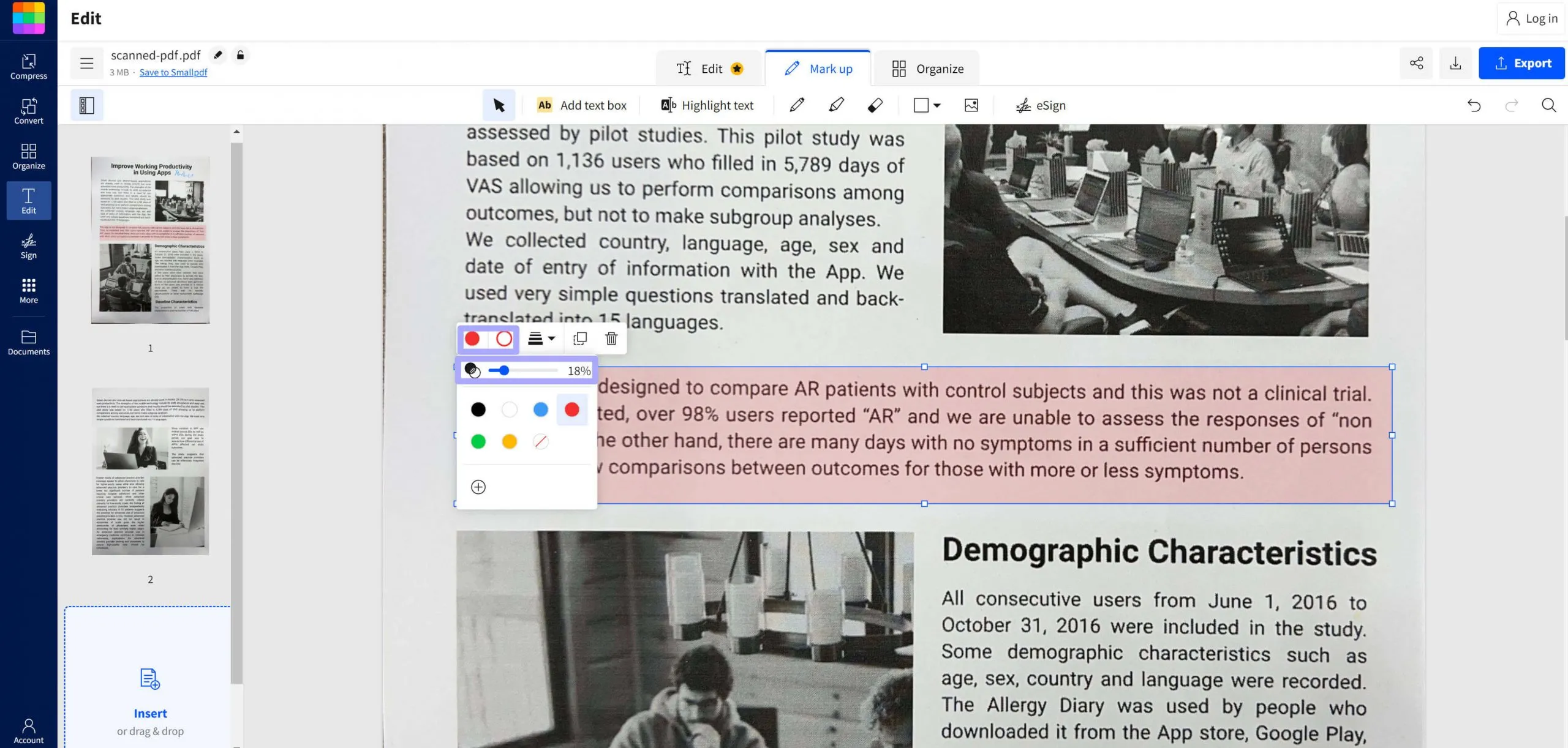 SmallPDFでスキャンしたPDFにハイライトの色を設定する