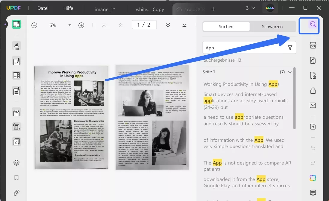 Suche in einem gescannten PDF in UPDF