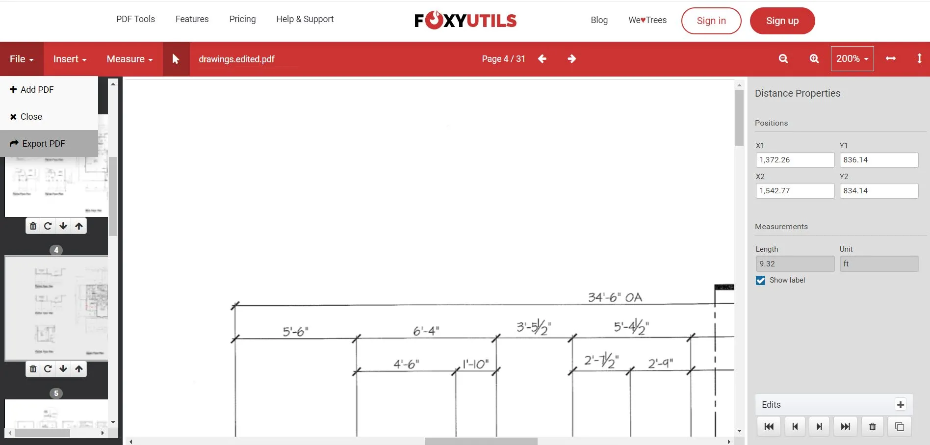 Cómo medir la distancia en PDF (exportación de foxyutils)