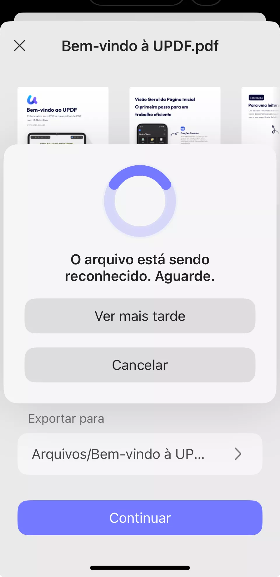 O arquivo está sendo reconhecido. Aguarde.