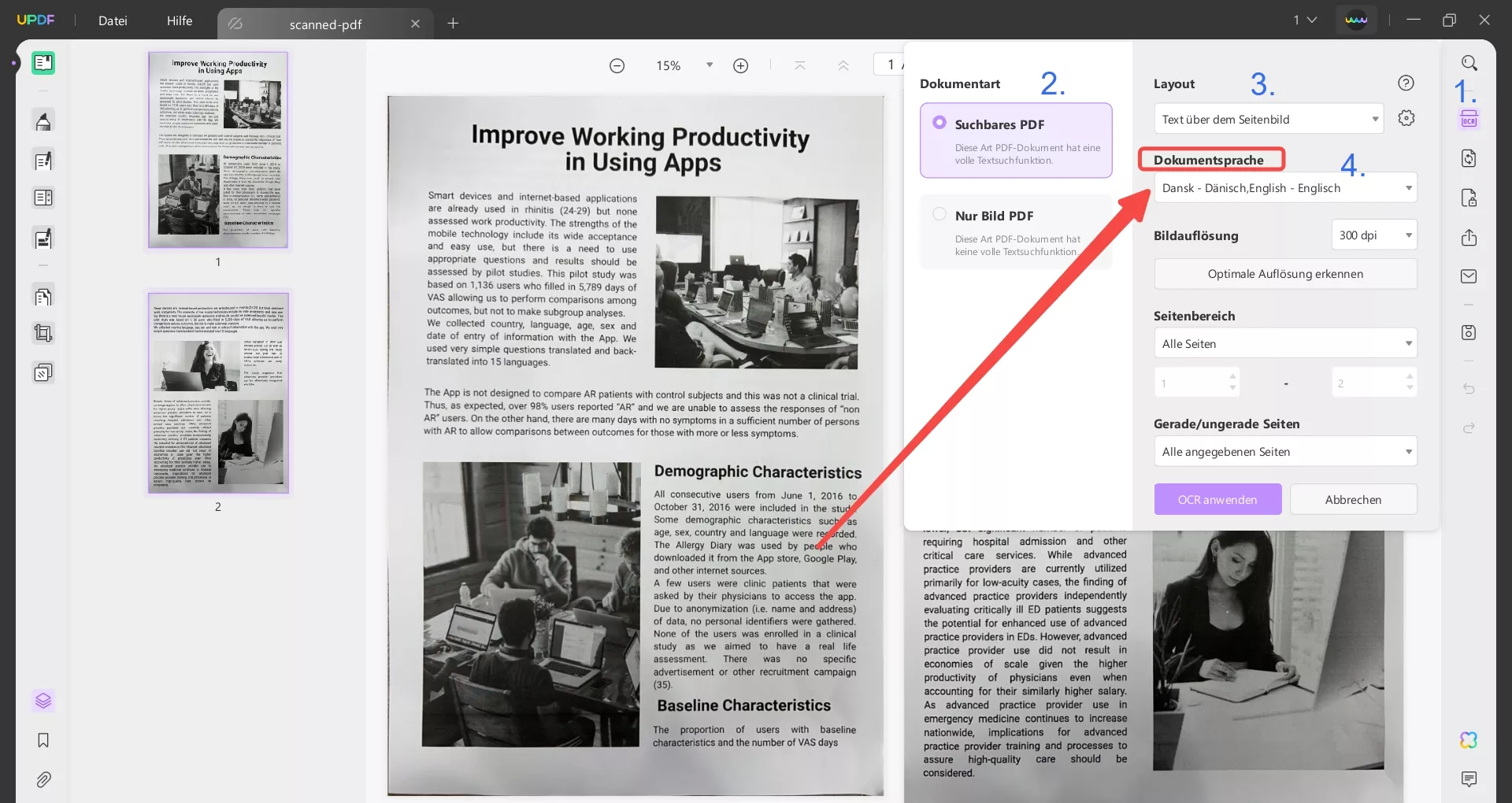 PDF öffnen und auf das OCR-Icon zugreifen