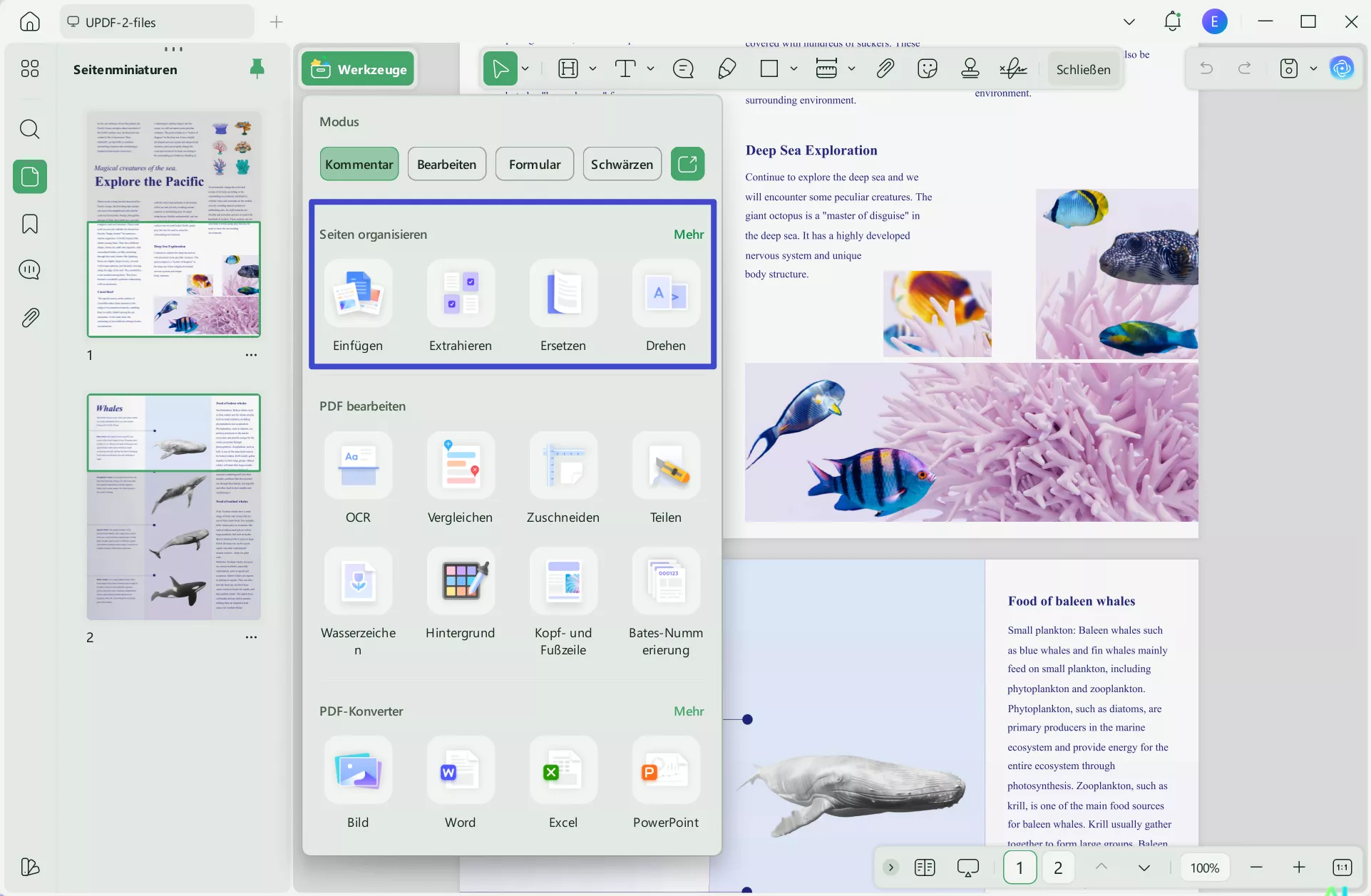 Seiten organisieren Schaltfläche UPDF Fenster