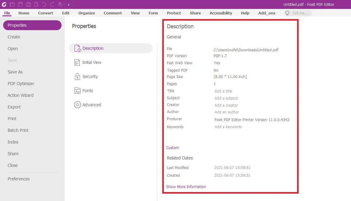 Foxit PDF 크기 확인