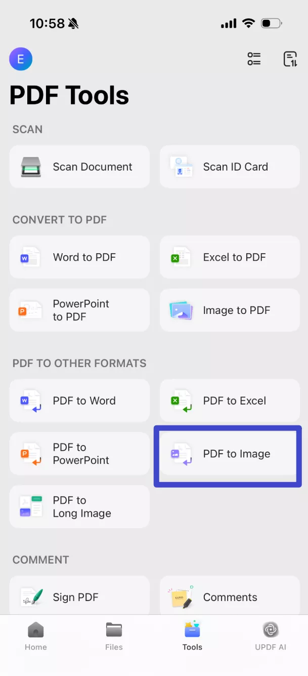 In the "PDF TO OTHER FORMATS" section, choose " PDF to Image".