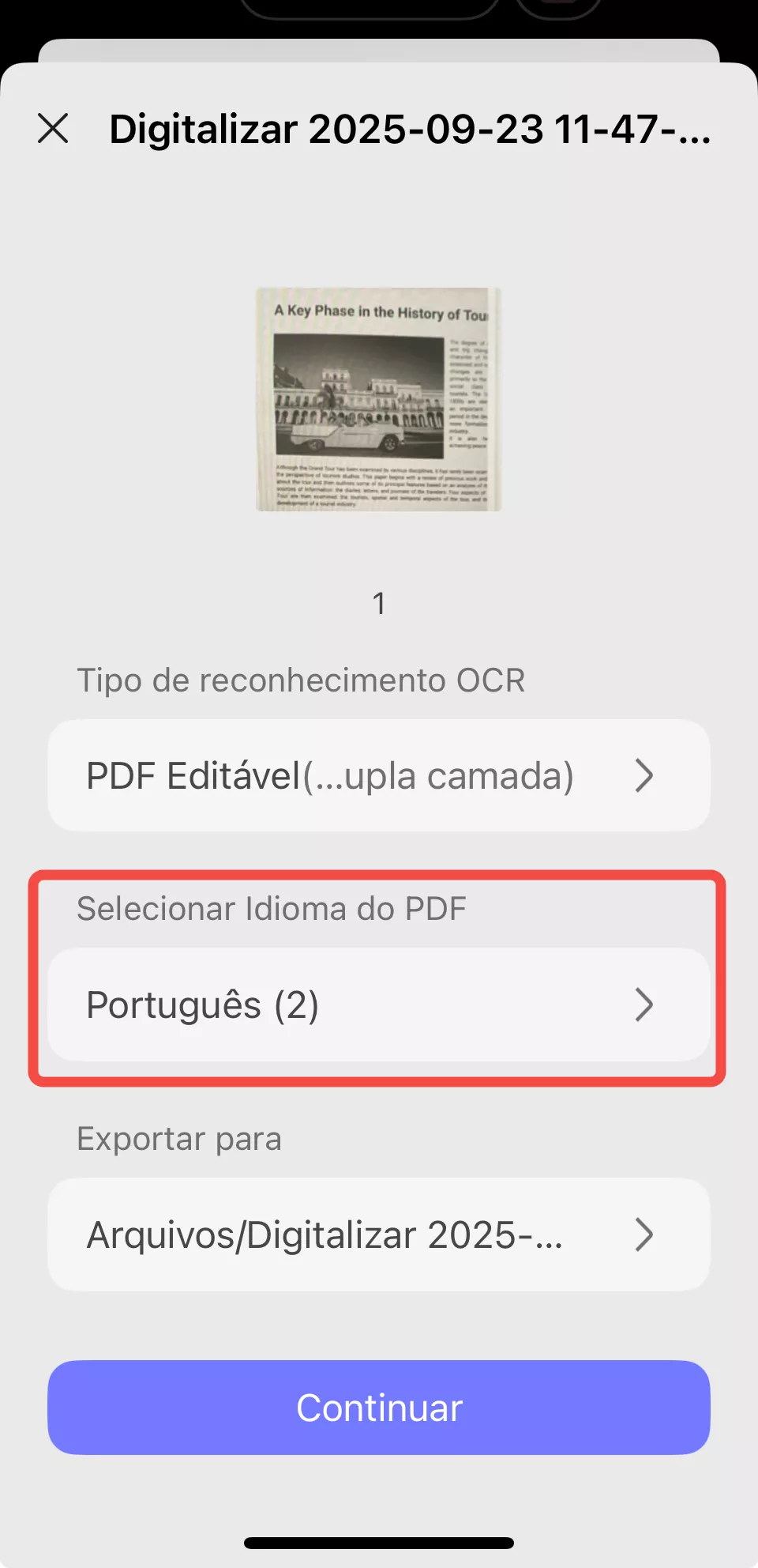 selecionar idioma do pdf