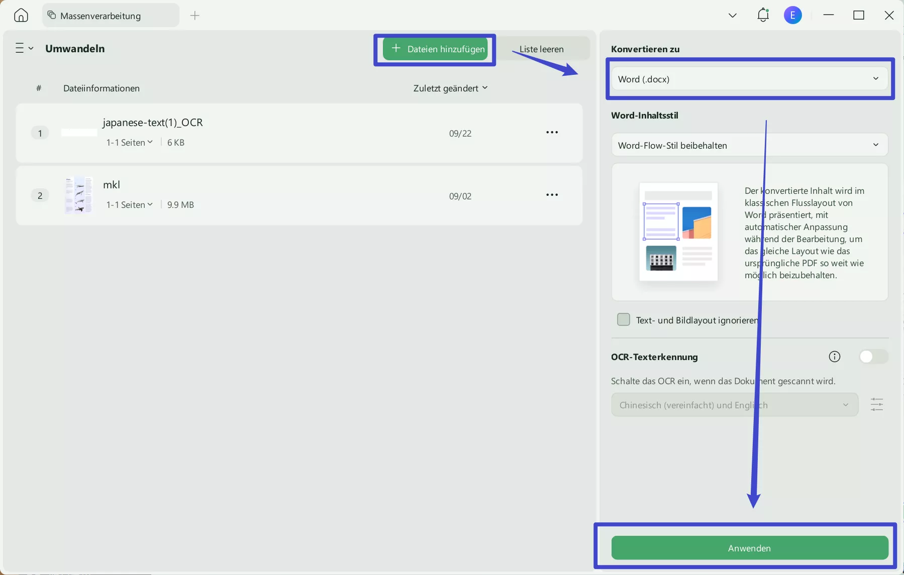 Batch-Konvertierung getrennter Dateien in Word UPDF Windows