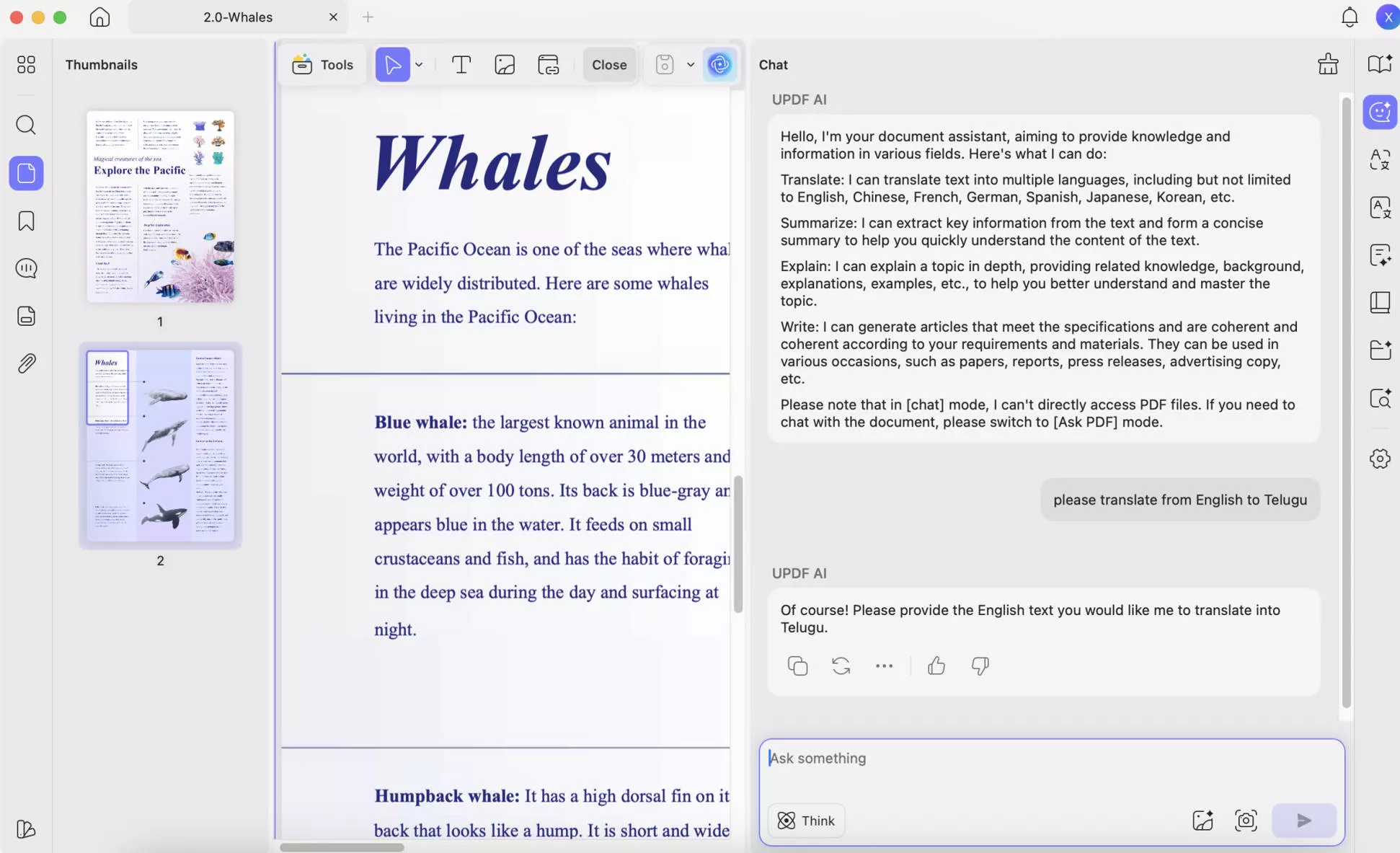 translate pdf english to telugu UPDF ai