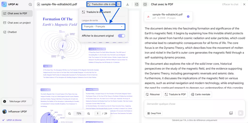 Traduisez dans le chat avec le projet dans UPDF AI Online version 2