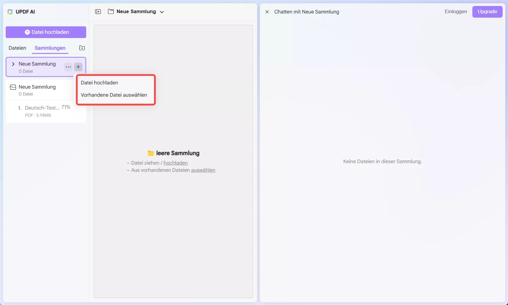 Hochladen von PDFs aus dem lokalen Speicher oder Auswahl aus vorhandenen PDFs