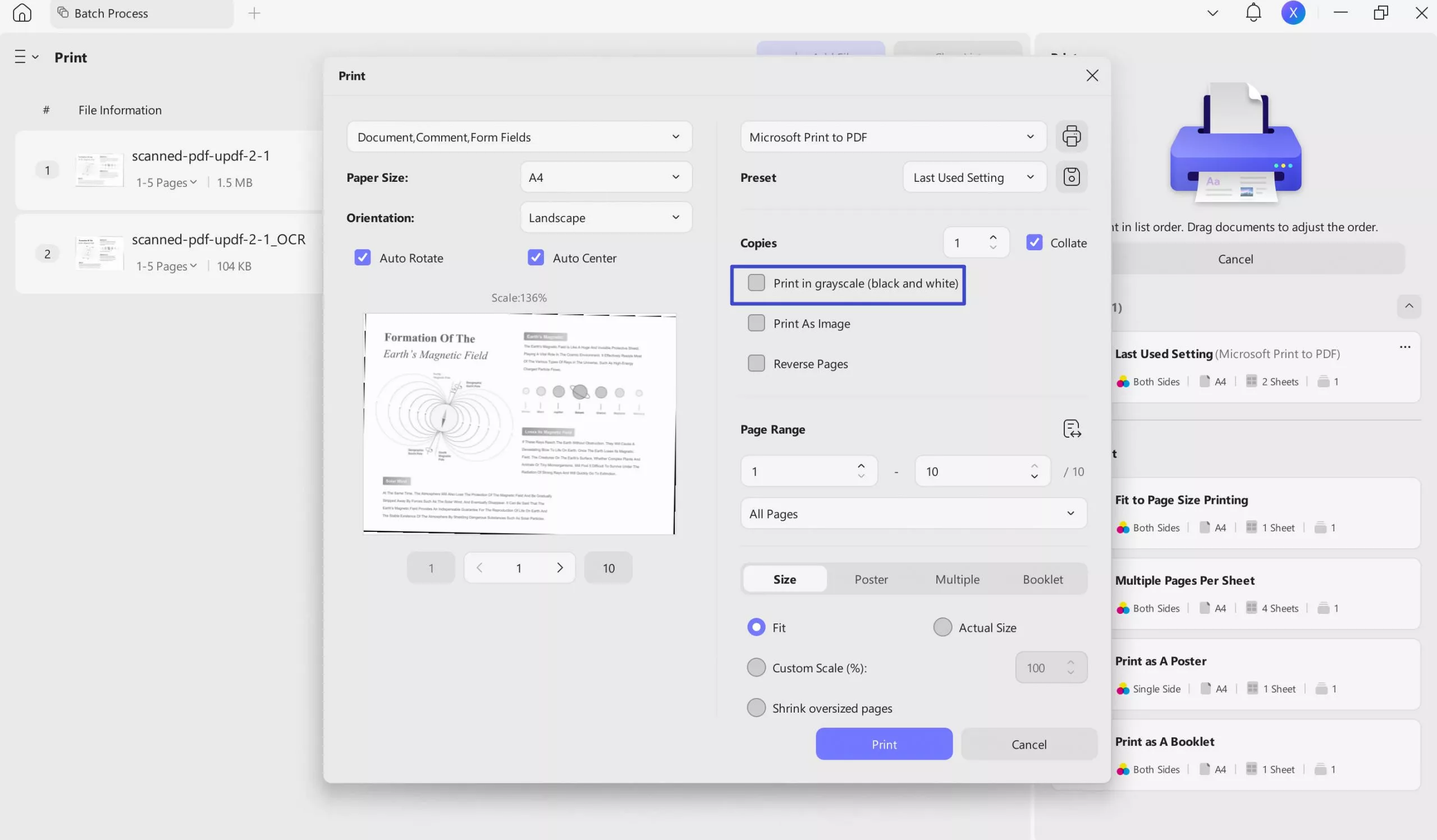 print in grayscale updf windows
