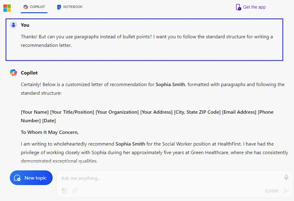 AI letter of recommendation generator Adjust Copilot's response