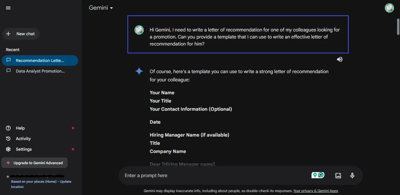 AI letter of recommendation generator Ask Gemini for a template