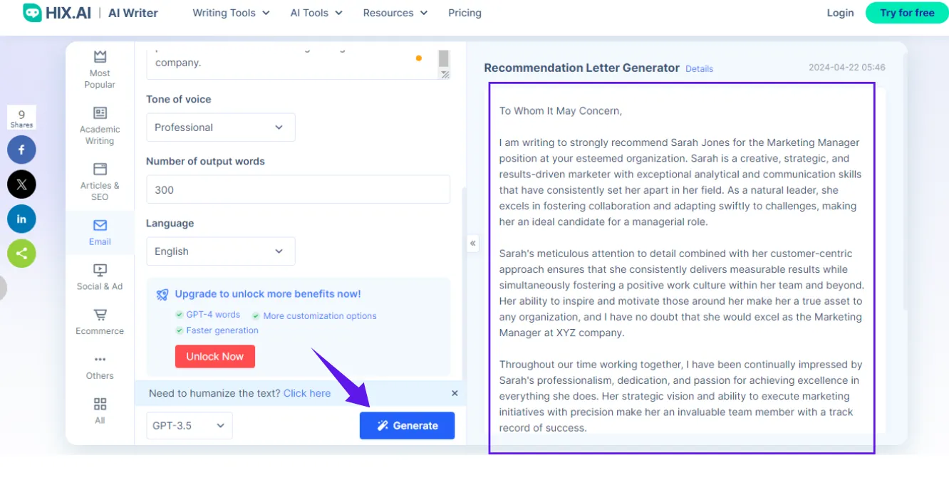 AI letter of recommendation generator Click Generate