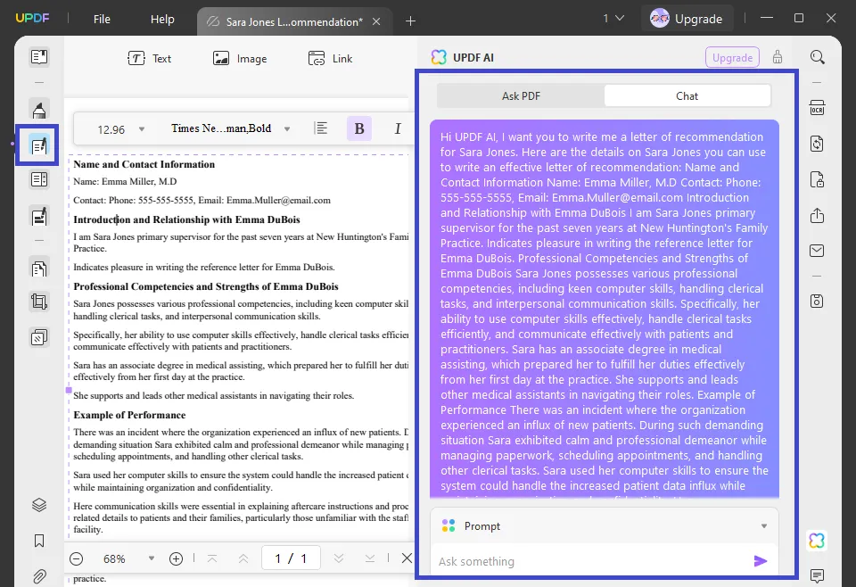 AI letter of recommendation generator Use UPDF AI's chat mode to write the letter