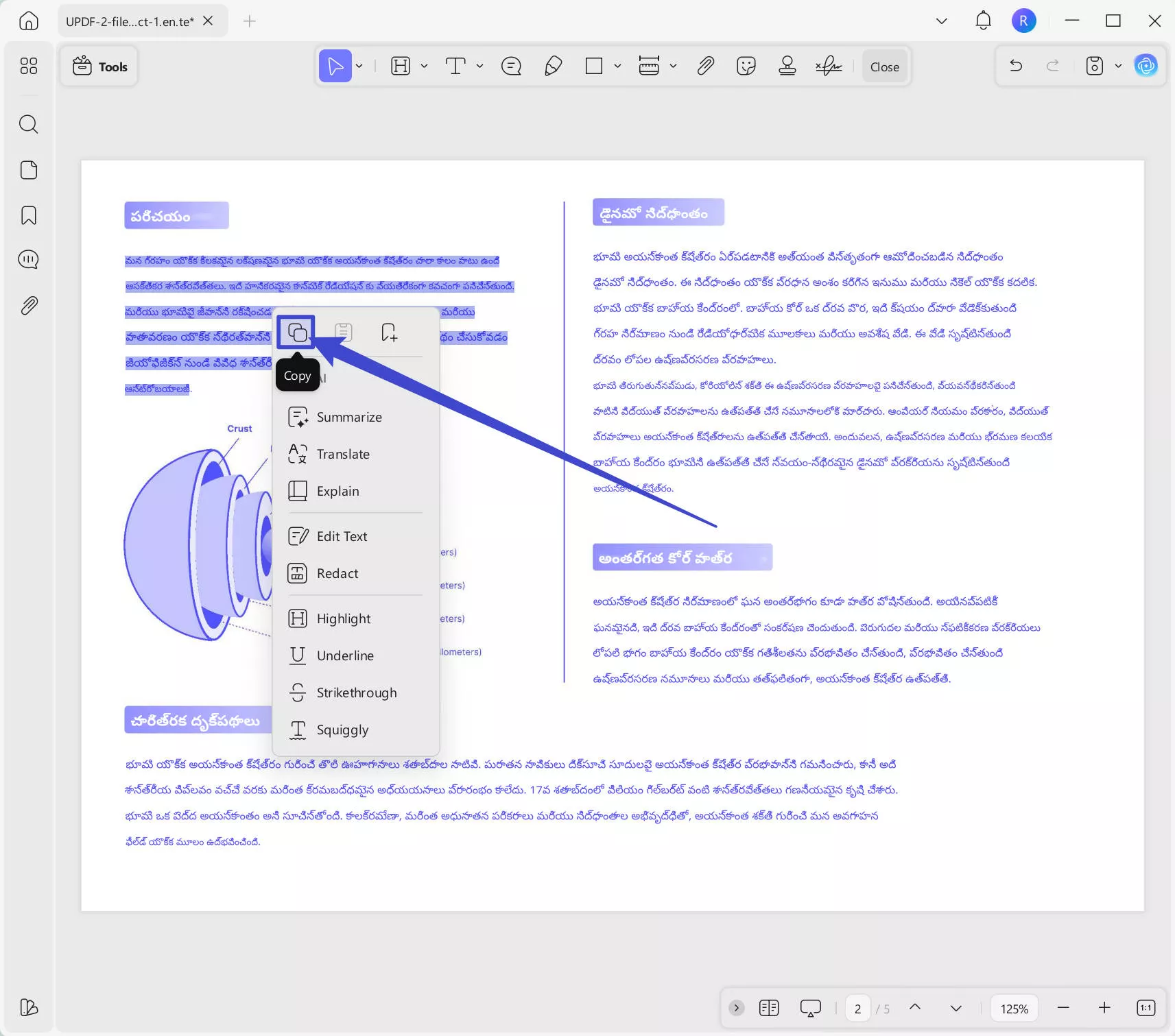 highlight to copy the text to translate with updf on windows
