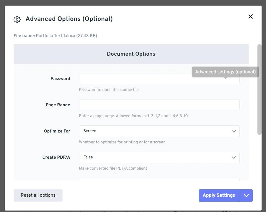 pptm to pdf Advanced Settings