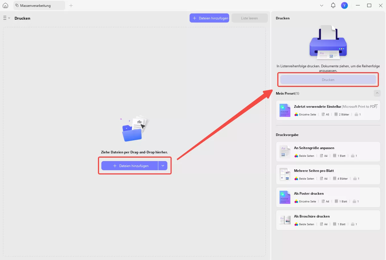Die Druckoption zum Importieren der erforderlichen Dateien wählen