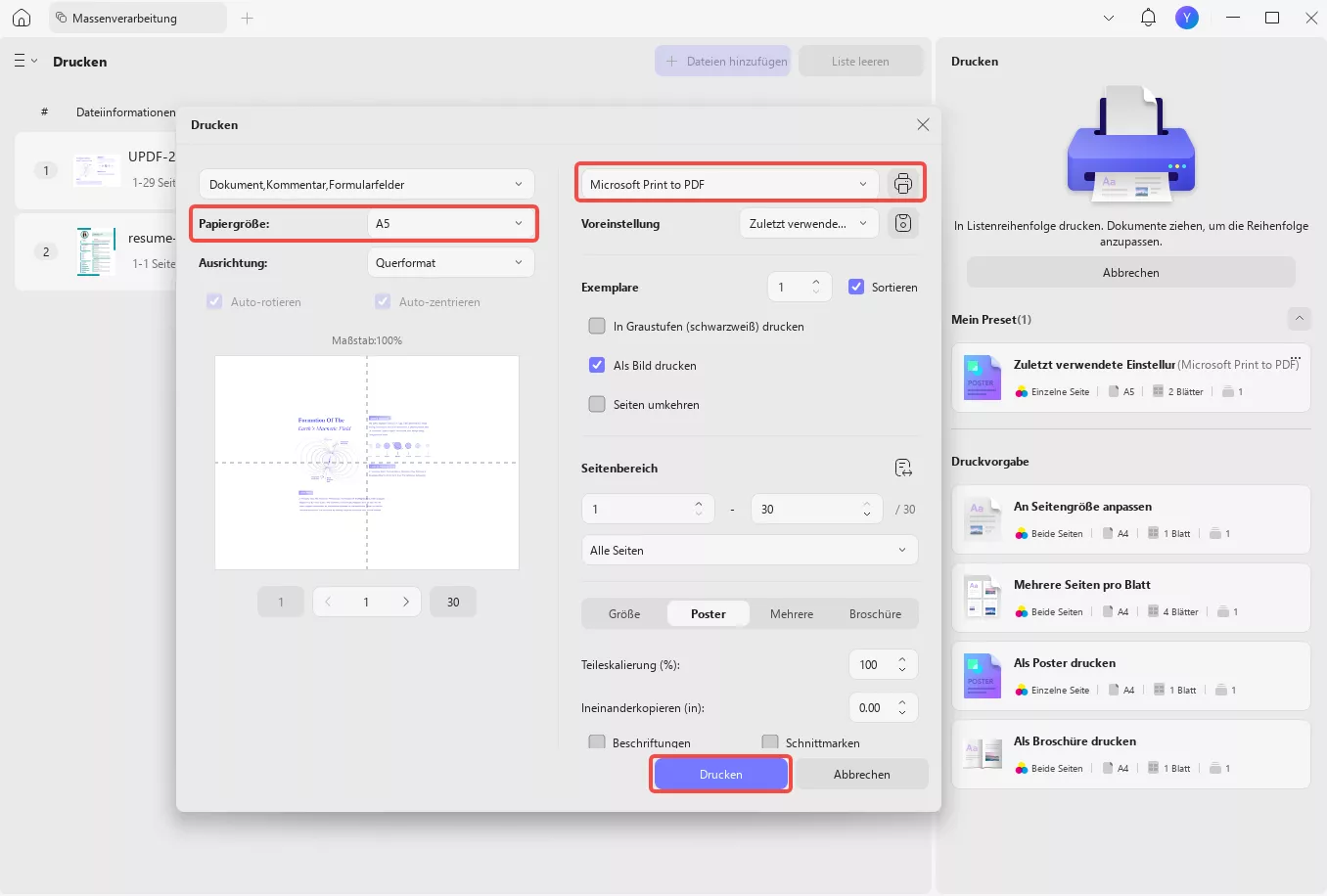A4-PDF in A5 Stapeldruck