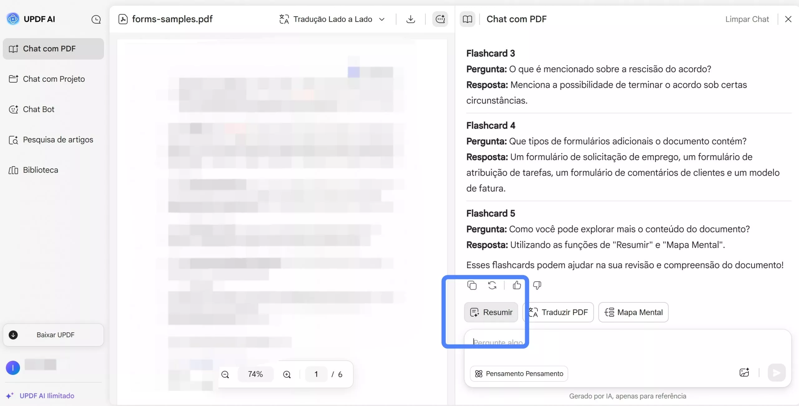 resumir pdf com updf ai