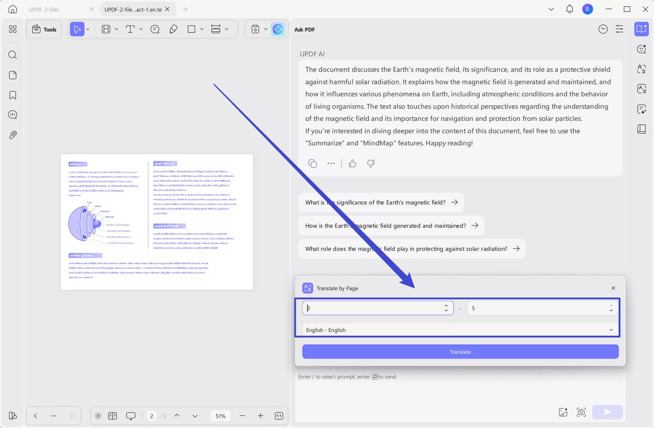 Select page and language to translate with updf AI on windows