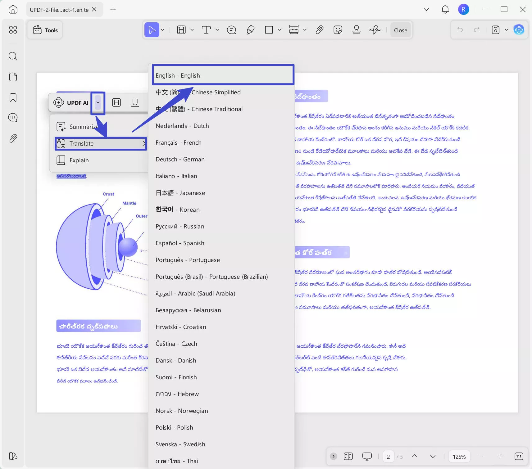 Select text to translate telugu PDF to englihs with UPDF on Windows
