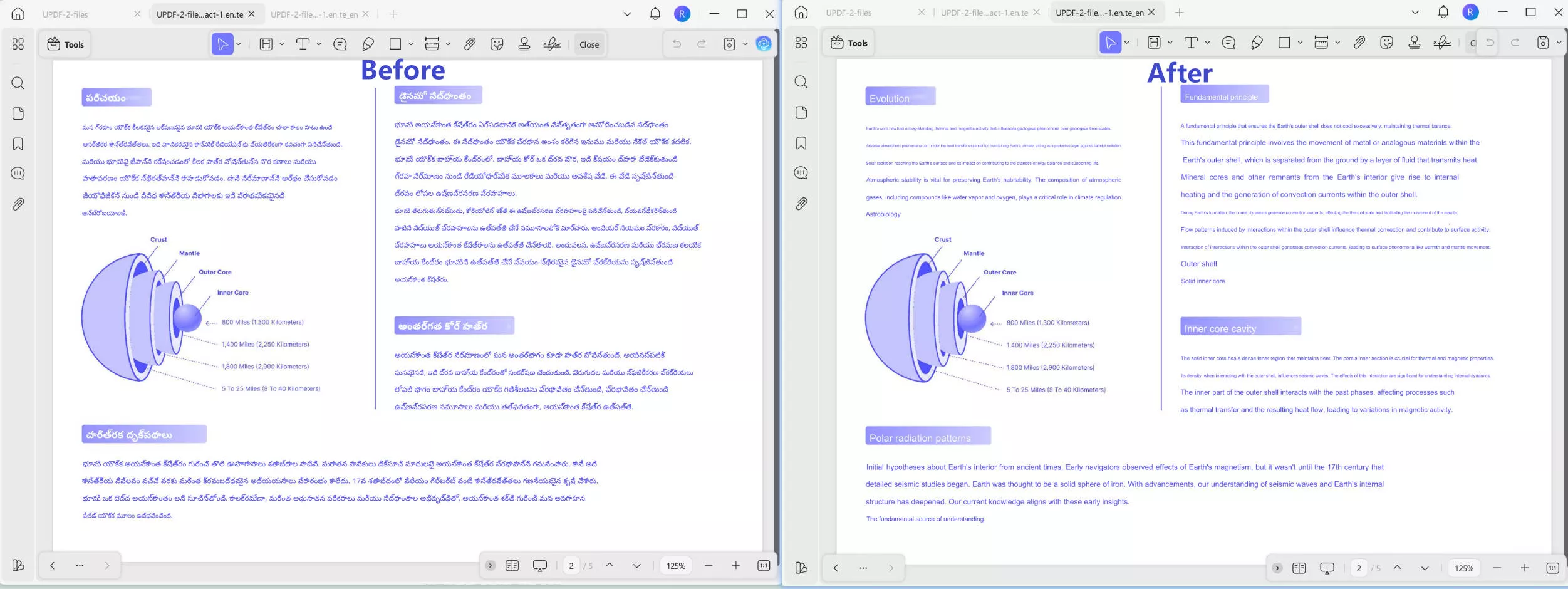 Translated telugu PDF to english effect with updf on windows