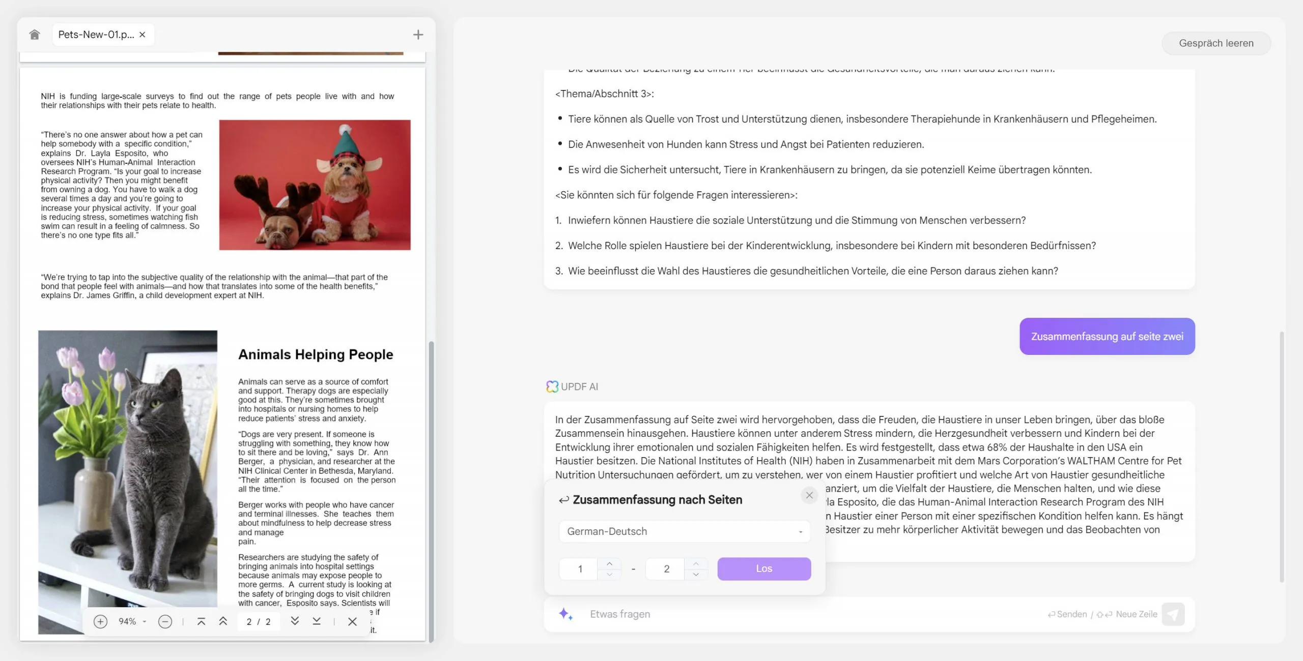 UPDF AI Web nach Seiten zusammenfassen