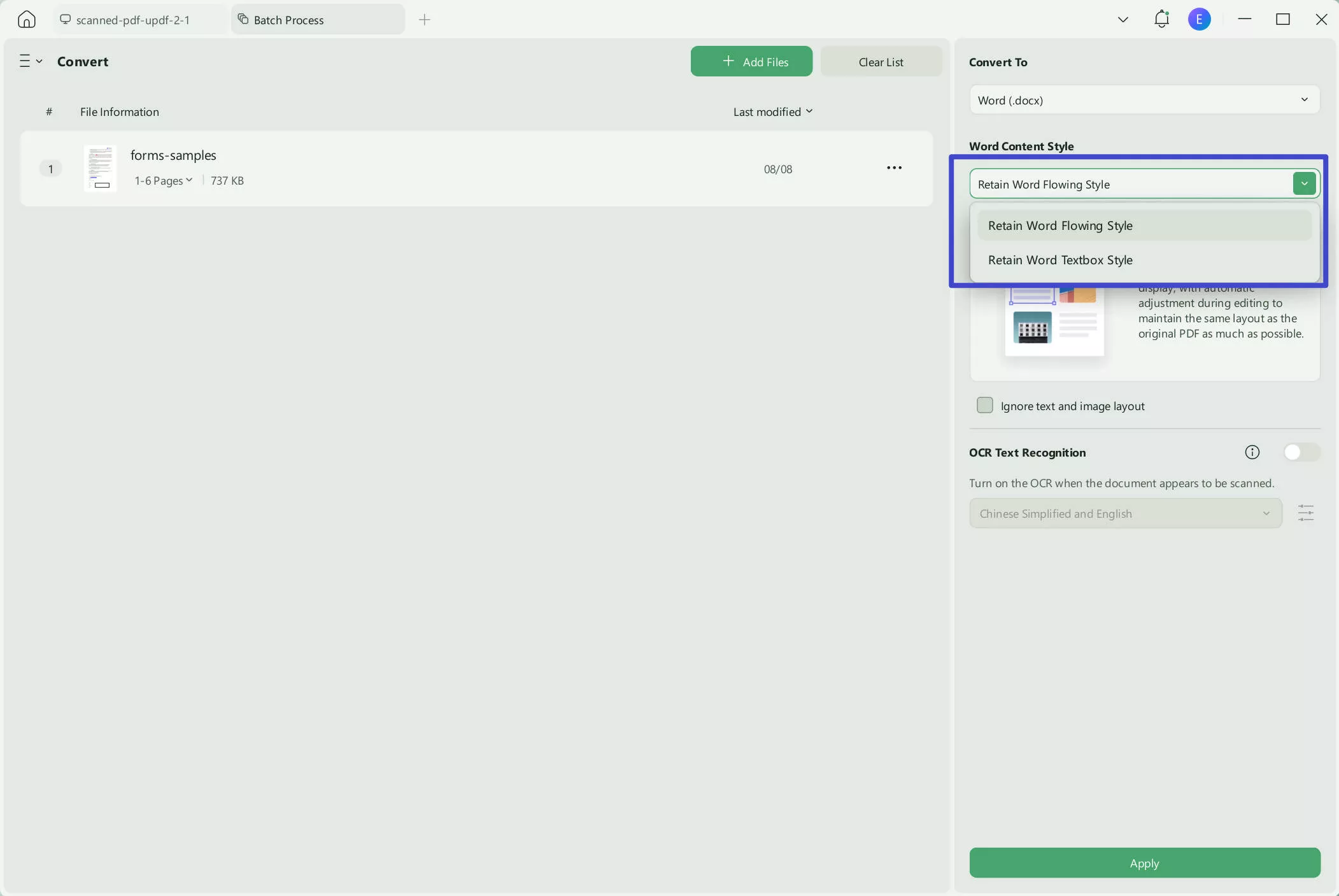 PDF to Word batch layout settings