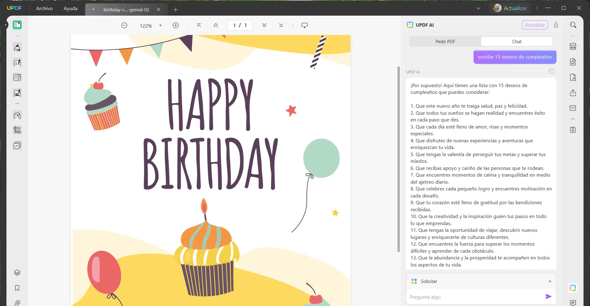 crear deseos de cumpleaños con updf IA