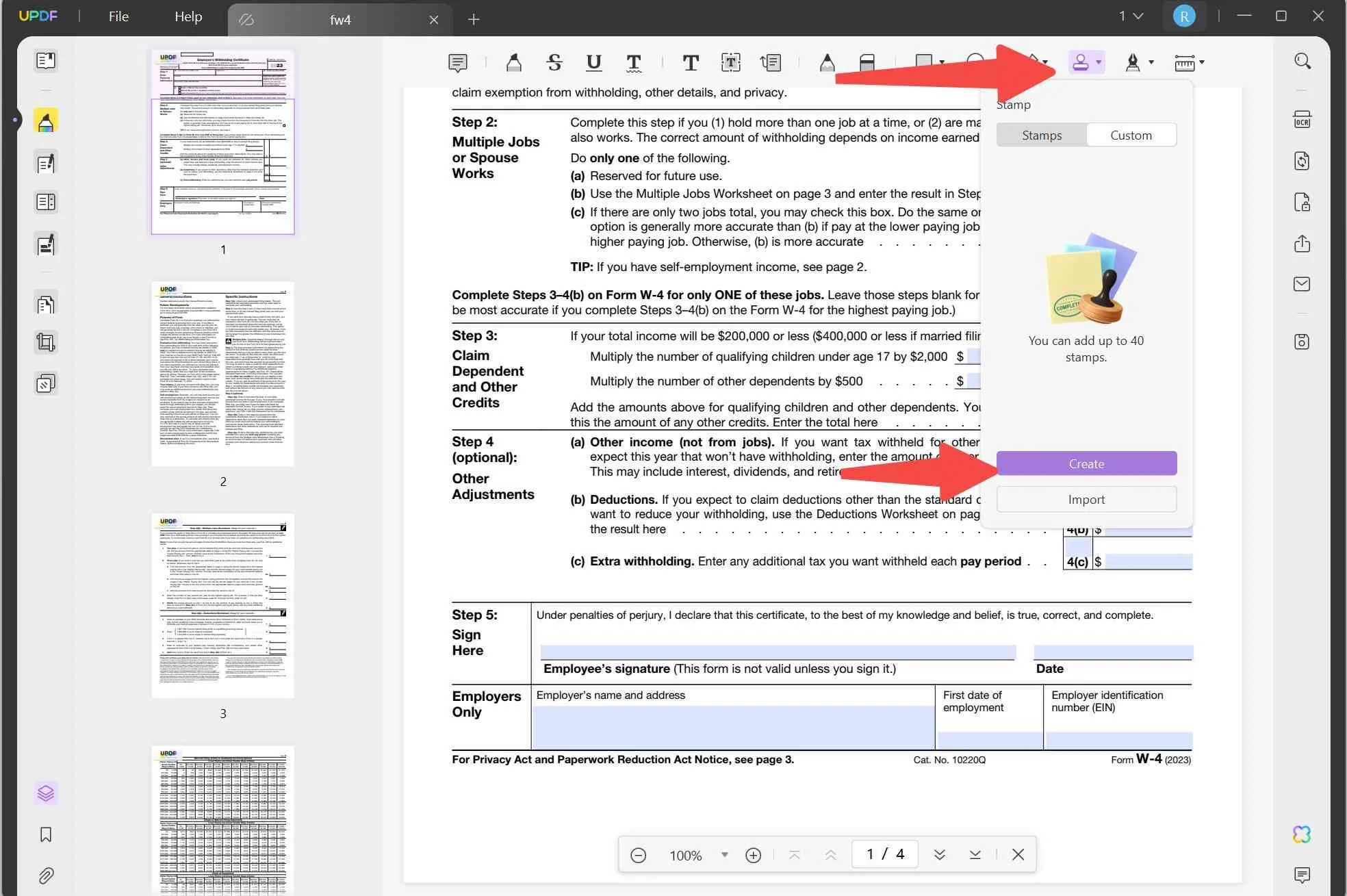 Haga clic en el sello "Crear" para agregar el sello de firma en PDF con UPDF