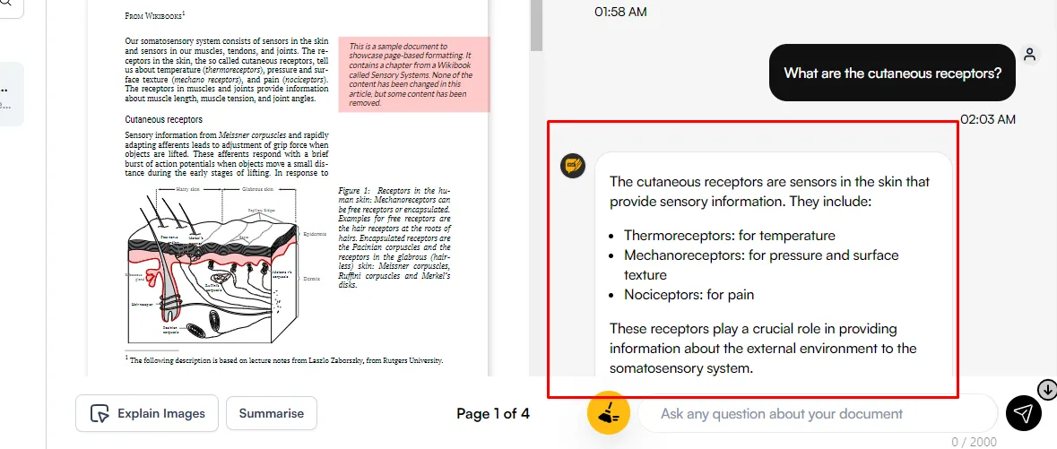 PDF 온라인 채팅 질문에 대한 AskYourPDF 응답