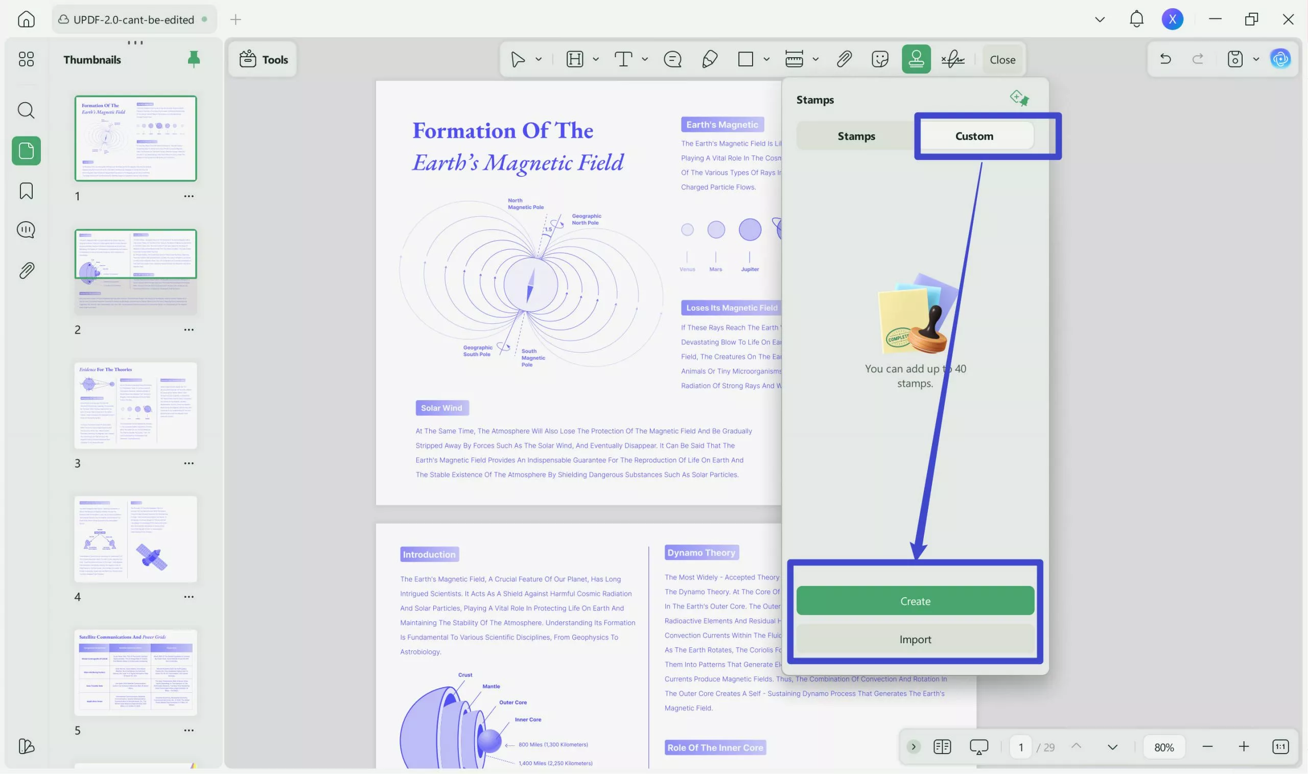 click on the "Create" stamp to add signature stamp in PDF with UPDF