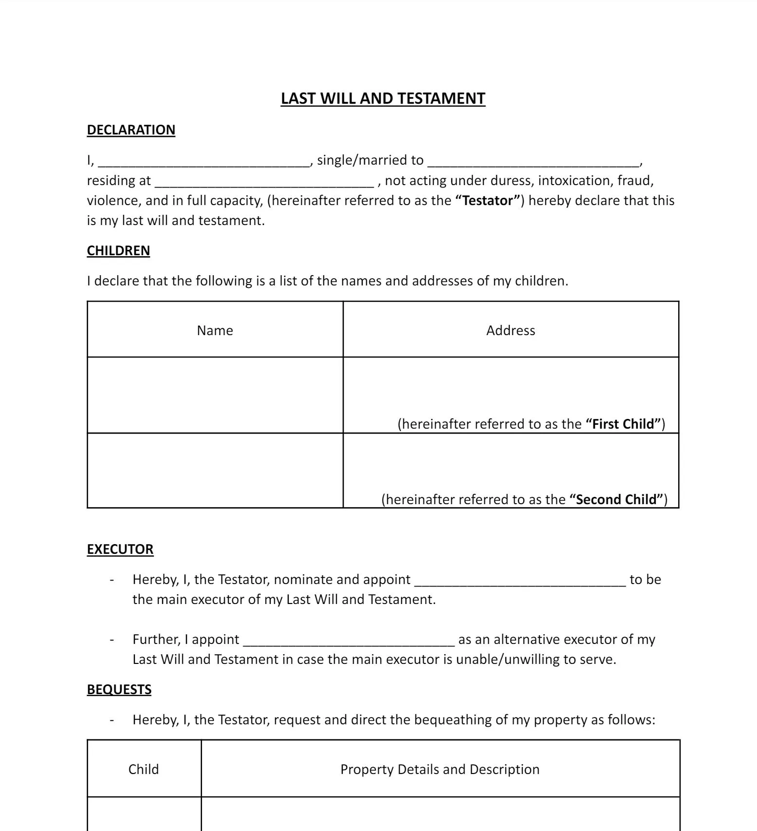 Last Will and Testament PDF Template from signaturely