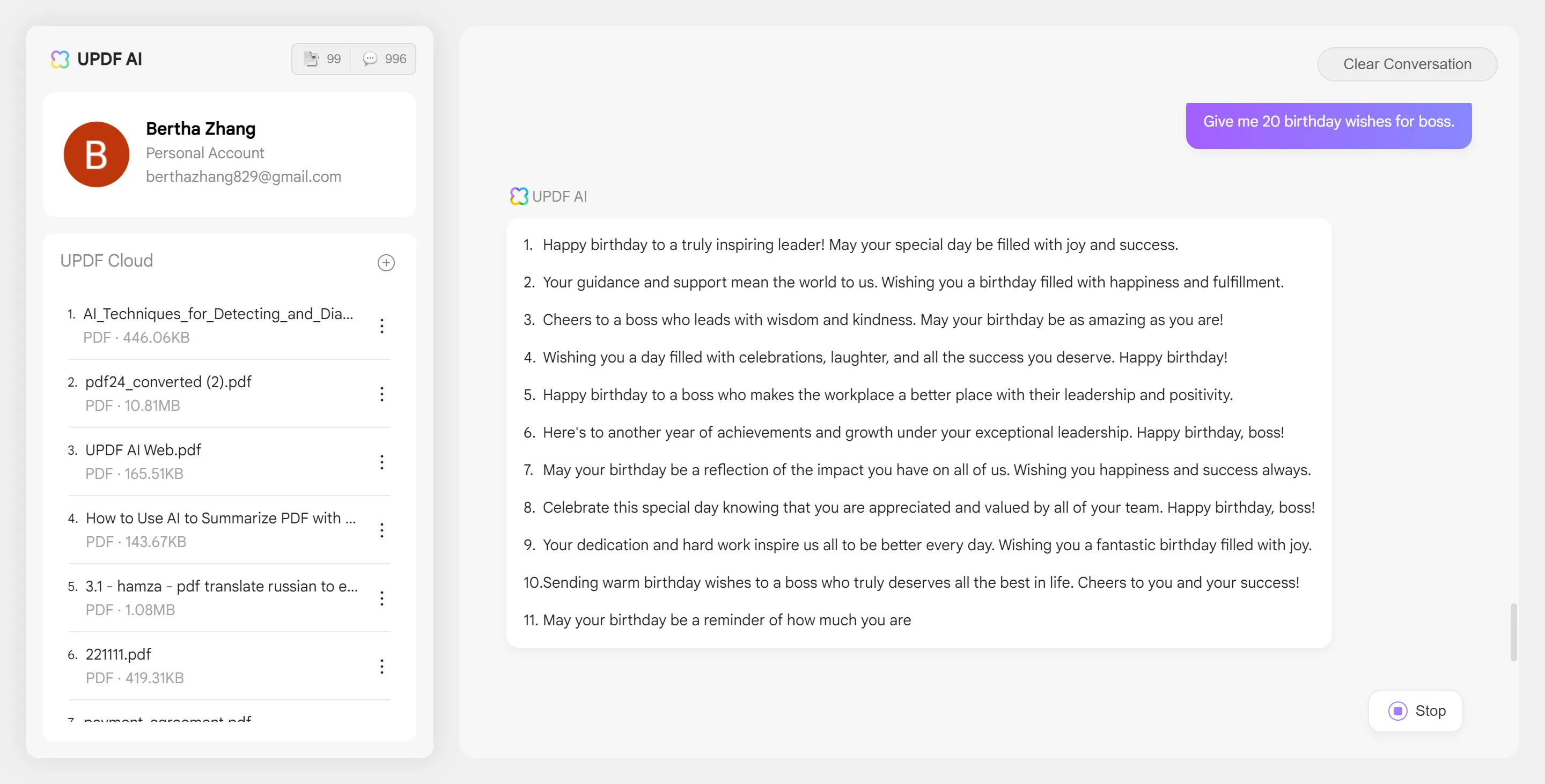 Generate birthday wishes for boss using UPDF AI
